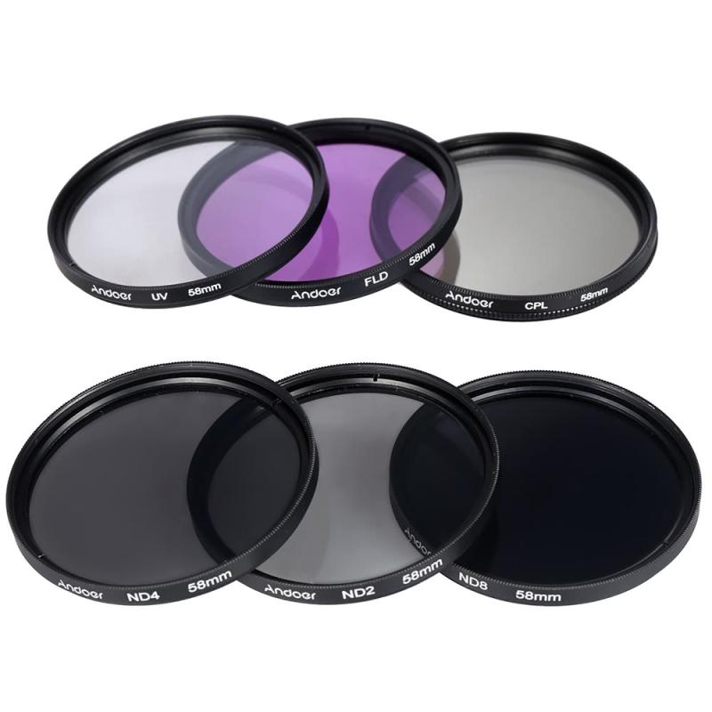 Andoer 58mm Lens Filter Kit UV+CPL+FLD+ND(ND2 ND4 ND8) with Carry Pouch / Lens Cap / Lens Cap Holder / Tulip & Rubber Lens Hoods / Cleaning Cloth  |   Filter Set Filter Set Filter Set