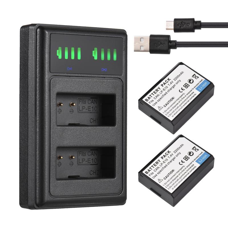 LP-E10 Battery Charger 2-slot with LED Indicators + 2pcs LP-E10 Batteries 7.4V 2200mAh with USB Charging Cable Replacement for Canon 1100D   1200D 1300D Rebel T3 T5 KISS X50 X70  |   Camera Battery & Charger Battery & Charger Accessories Camera Battery & Charger